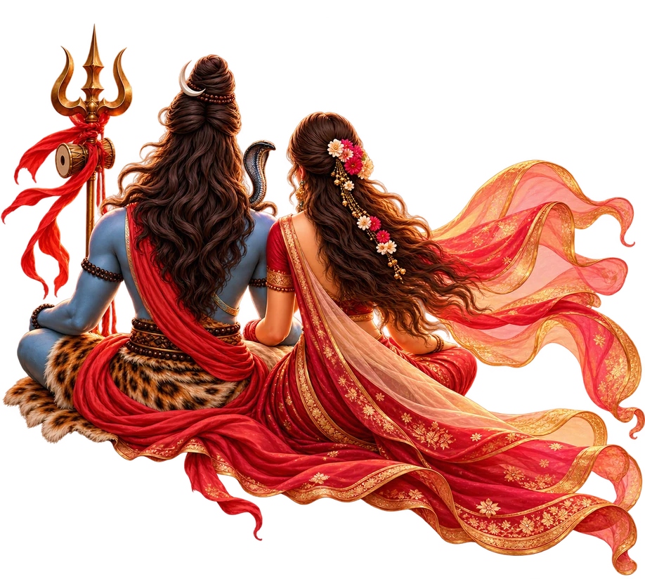 Shiv and Parvati seated together, seen from behind, looking at Kailash