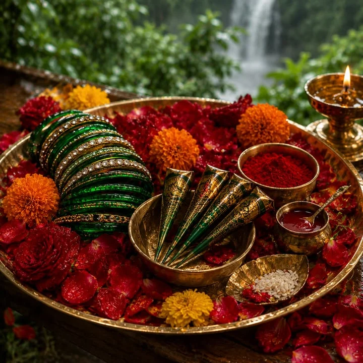 A brass thali with mehndi cones, green bangles and rose petals