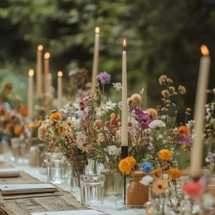 A candlelit table with wildflowers
