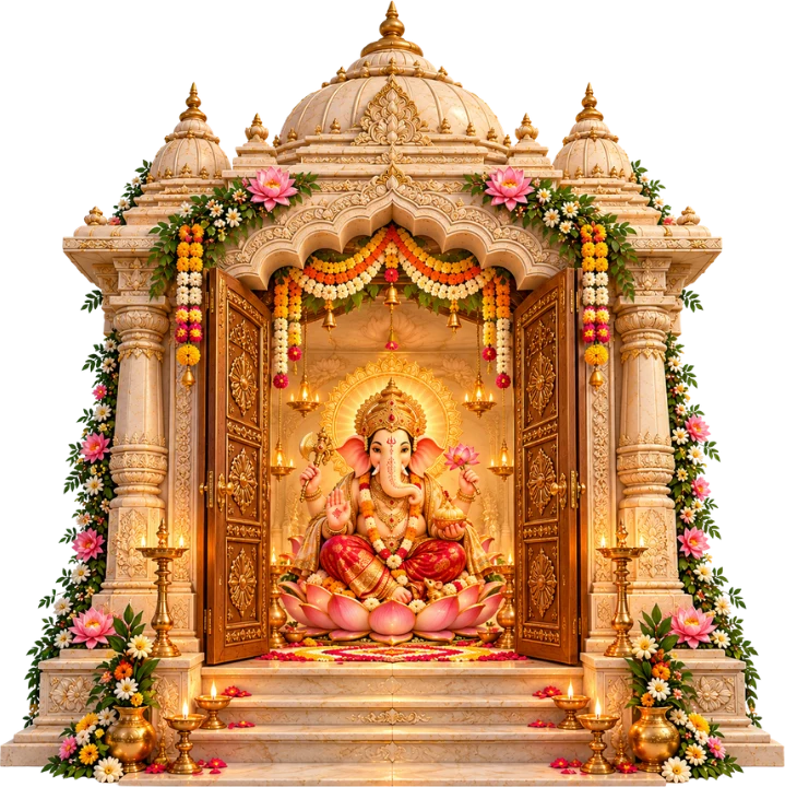 A decorated temple with Ganesh ji inside